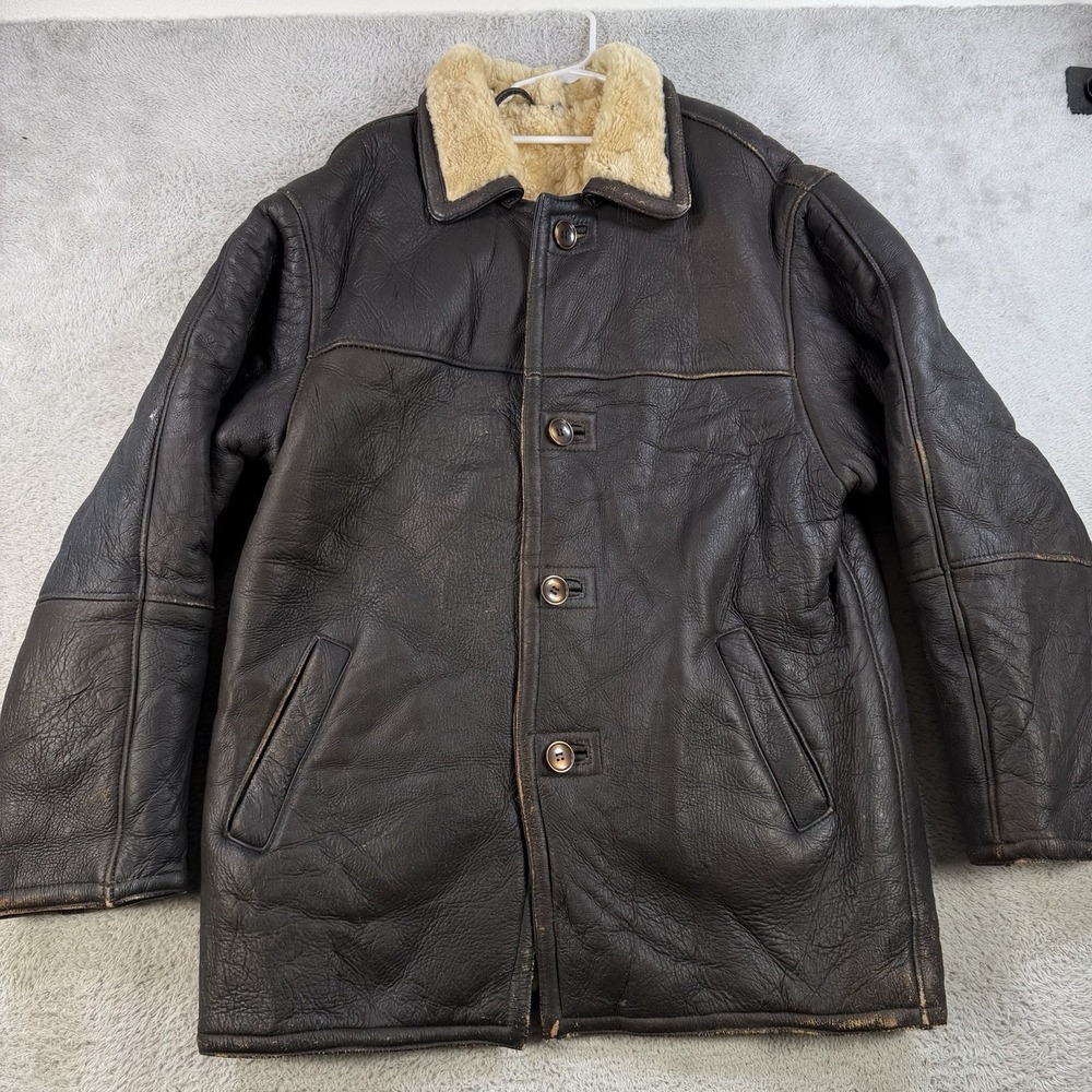 Runway Shearling Coat Mens Large Brown Leather Button Front Warm Winter Jacket